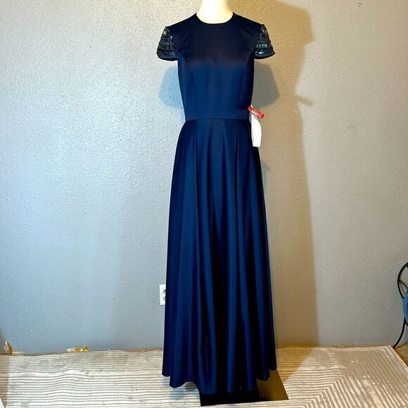 NEW Ieena for Mac Duggal hand- beaded cap sleeve A-line navy blue gown size 6 - Picture 4 of 14